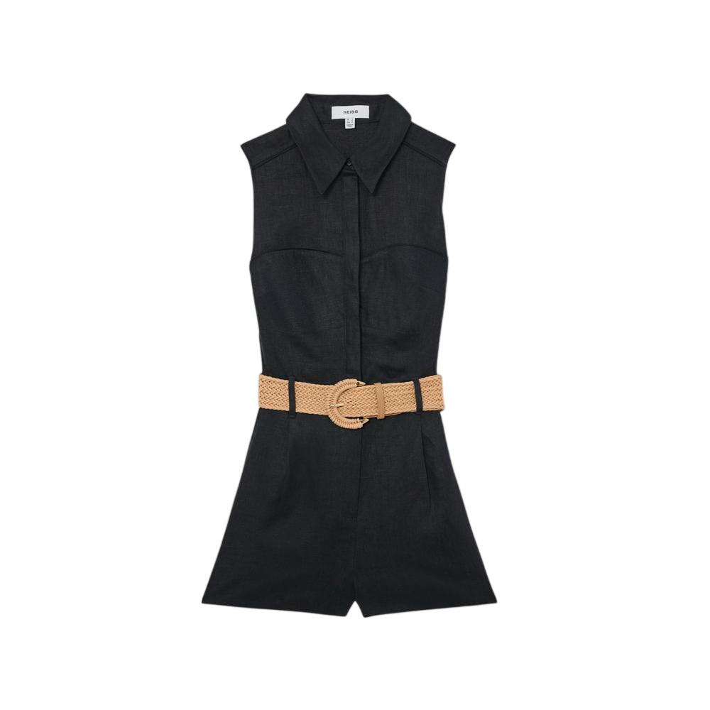 REISS Taylor Linen Sleeveless Belted Playsuit
